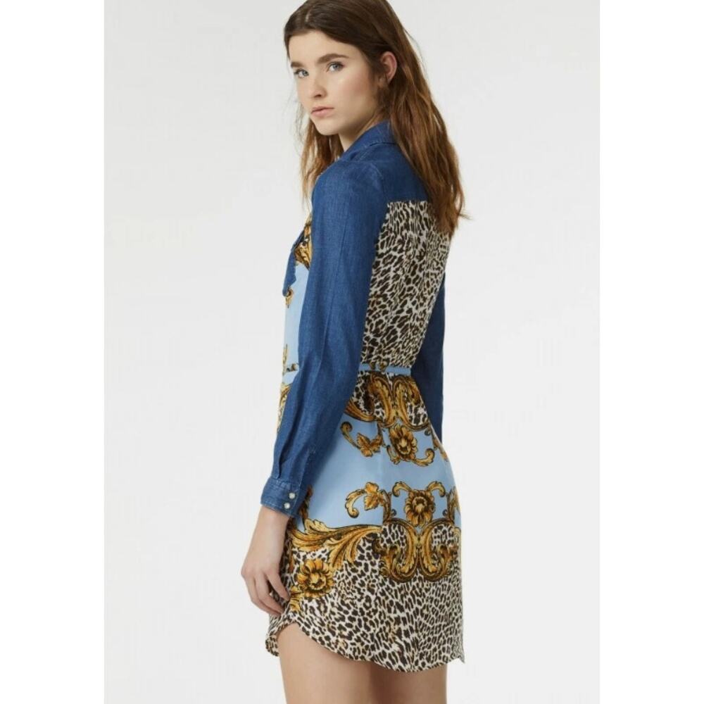Liu Jo Floral Leopard Denim Mini Shirt Dress in Blue and Gold - Picture 2 of 12